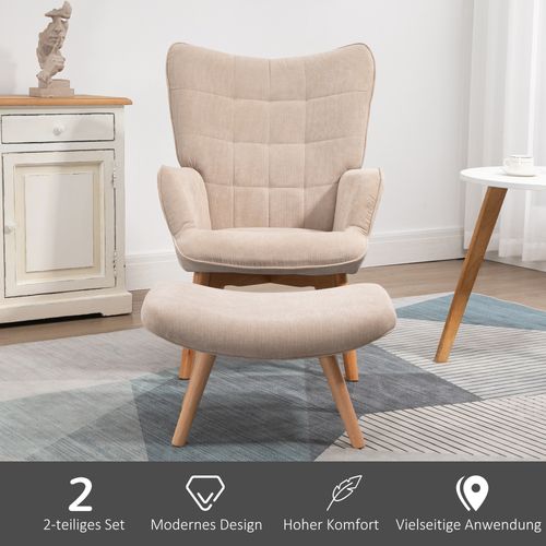 Fauteuil Oreiller En Tissu Côtelé, Avec Repose-pieds, Pieds Bois, Pour Salon, Beige