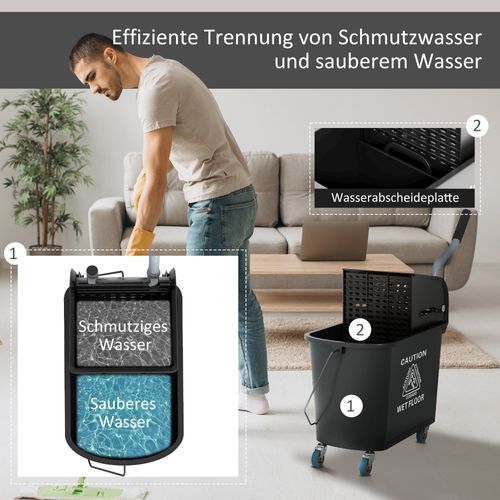 Chariot De Nettoyage Avec Seau Mobile De 20 L, Presse Et 2 Compartiments, Noir