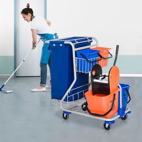 Chariot De Nettoyage Avec 4 Seaux Mobiles, Chariot à Roulettes, Bleu/orange 100 X 70 X 103 Cm
