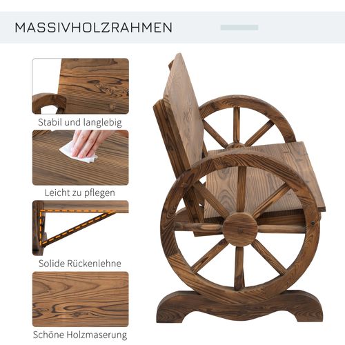 Banc De Jardin 2 Places En Bois Massif Avec Accoudoirs, Design Avec Roues, Résistant 250kg, Brun