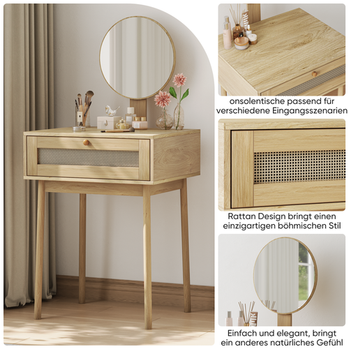 Coiffeuse En Rotin Avec Miroir, Compacte Pour La Chambre, Adaptée Aux Petits Espaces