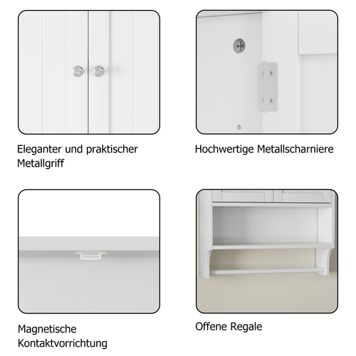 Meuble De Salle De Bain En Bois Avec Porte Miroir, 2 Étagères Réglables, Blanc