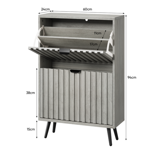 Armoire à Chaussures En Bois Avec Design Rainuré 60cm Et 2 Tiroirs Pliants, Gris