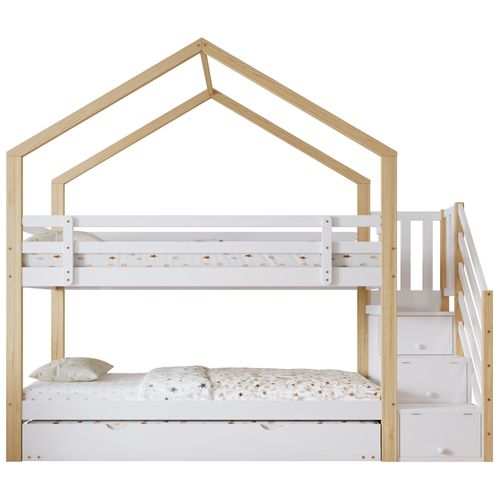 Lit Superposé Bois Pin Mdf 90x200 Avec Toboggan Escalier Rangement Toit Fenêtre Tiroir Blanc