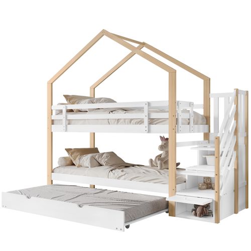 Lit Superposé Bois Pin Mdf 90x200 Avec Toboggan Escalier Rangement Toit Fenêtre Tiroir Blanc