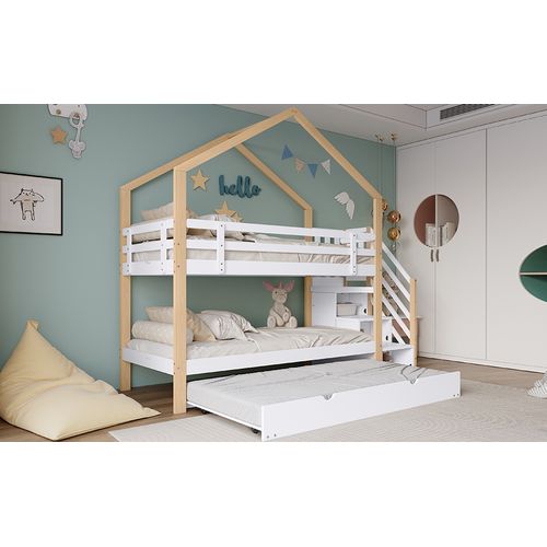 Lit Superposé Bois Pin Mdf 90x200 Avec Toboggan Escalier Rangement Toit Fenêtre Tiroir Blanc