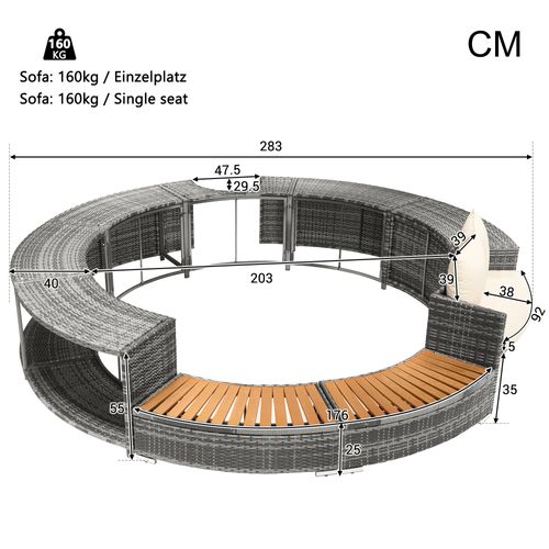 Salon De Jardin Métal Tissu 4 Pièces Canapé Rond, Pieds Réglables, Coussins, Spa , Beige/gris