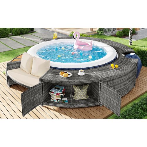 Salon De Jardin Métal Tissu 4 Pièces Canapé Rond, Pieds Réglables, Coussins, Spa , Beige/gris