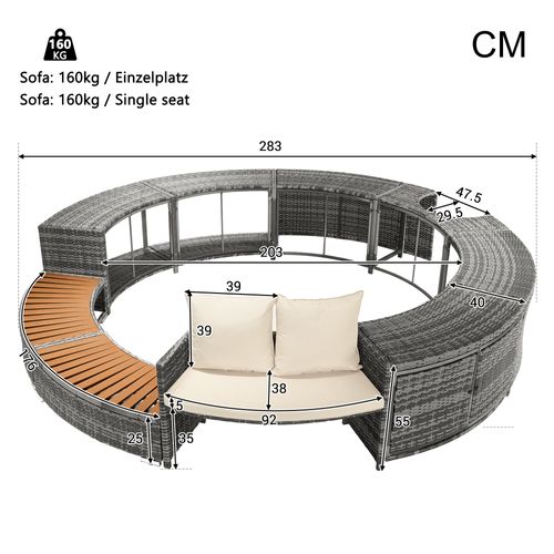 Salon De Jardin Métal Tissu 4 Pièces Canapé Rond, Pieds Réglables, Coussins, Spa , Beige/gris