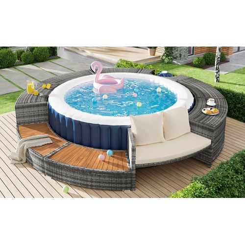 Salon De Jardin Métal Tissu 4 Pièces Canapé Rond, Pieds Réglables, Coussins, Spa , Beige/gris