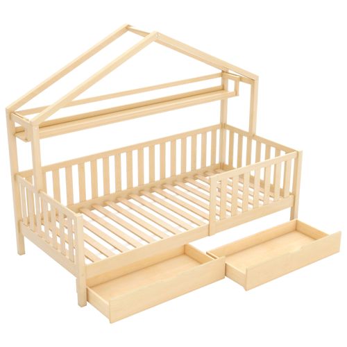Lit Pour Enfant En Bois Massif, Lit Maison Avec Tiroirs, Pin, 90x200, Naturel