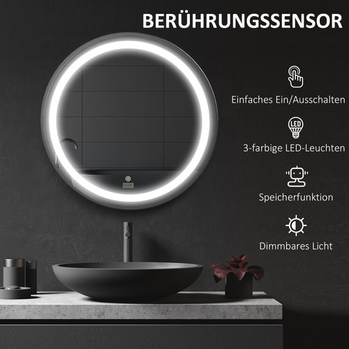 Miroir LED De Salle De Bain Ø60cm, Verre, 3 Couleurs, Fonction Tactile, Fonction Mémoire, Ip44, Noir