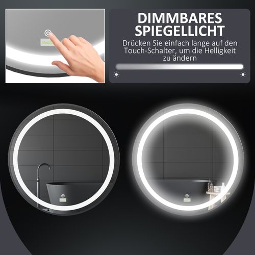 Miroir LED De Salle De Bain Ø60cm, Verre, 3 Couleurs, Fonction Tactile, Fonction Mémoire, Ip44, Noir