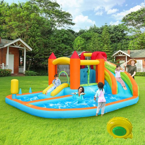 Château Gonflable Multifonctionnel En Pvc Avec Souffleur, Toboggan, Trampolines, Panier De Basket