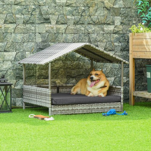 Maison Pour Chien En Osier Avec Coussin, Abri Extérieur Avec Cadre En Acier, Gris
