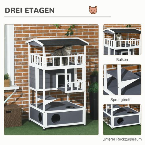 Maison Pour Chats En Bois Massif, 4 Étages, Balcon, Escalier, Toit En Asphalte, Gris