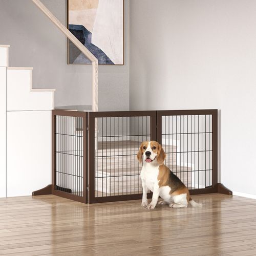 Barrière Pour Chien En Bois De Pin, Autonome, 185x36x71cm, Brun
