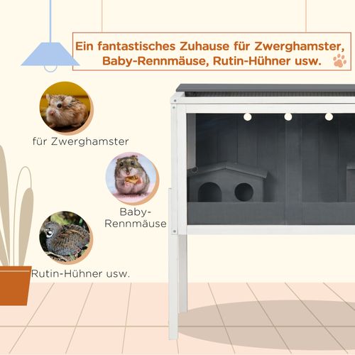Cage En Bois Pour Hamsters Nains Avec 2 Maisons Et Accessoires, Gris