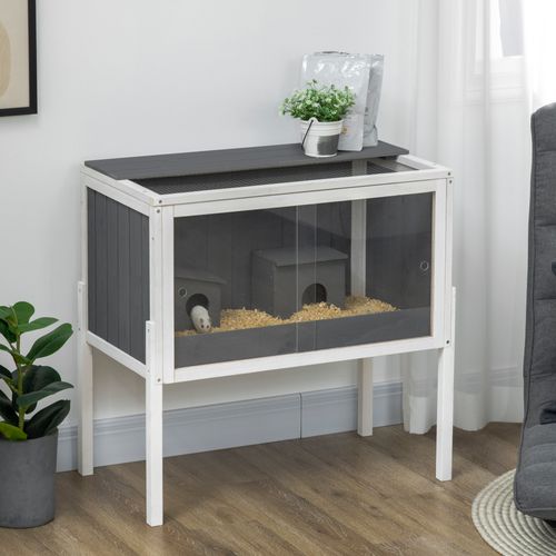 Cage En Bois Pour Hamsters Nains Avec 2 Maisons Et Accessoires, Gris
