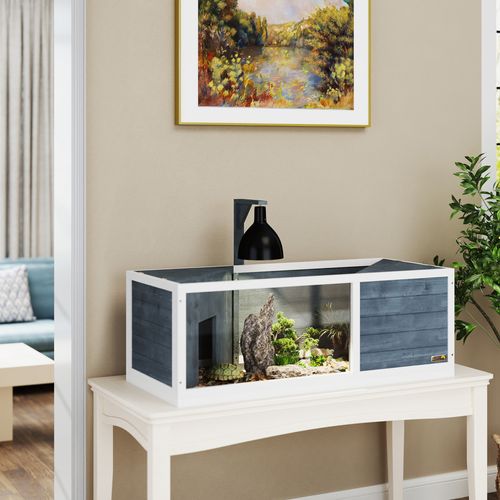 Maison Pour Tortues En Bois, Enclos Avec Deux Maisons, Dessus Ouvrant, Avec Éclairage, Gris