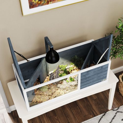 Maison Pour Tortues En Bois, Enclos Avec Deux Maisons, Dessus Ouvrant, Avec Éclairage, Gris