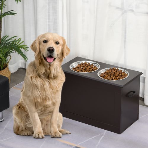 Station De Nourriture Pour Chiens En Mdf Et Acier Inoxydable Avec 2 Bols, Espresso