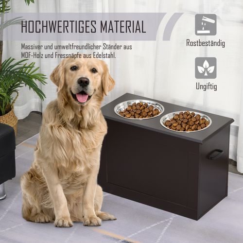 Station De Nourriture Pour Chiens En Mdf Et Acier Inoxydable Avec 2 Bols, Espresso
