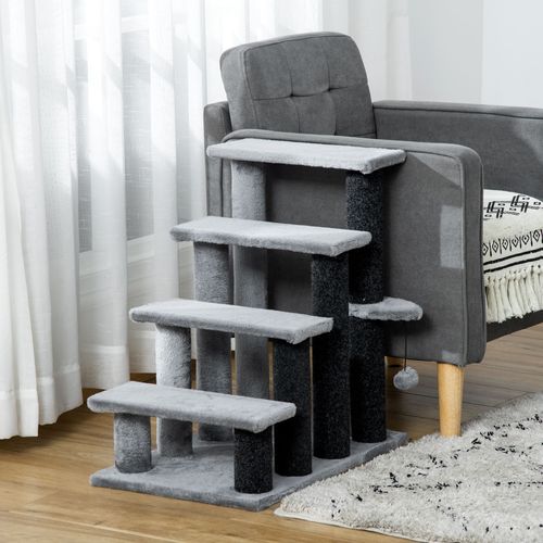 Escalier Pour Chat, Jute Et Peluche, 4 Marches Avec Balle De Jeu Et Plateforme, Gris