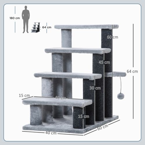 Escalier Pour Chat, Jute Et Peluche, 4 Marches Avec Balle De Jeu Et Plateforme, Gris