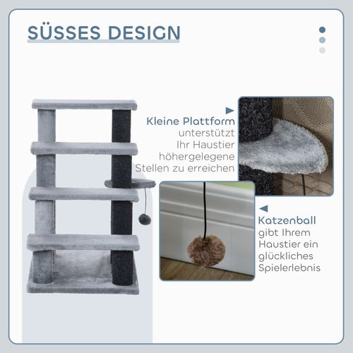 Escalier Pour Chat, Jute Et Peluche, 4 Marches Avec Balle De Jeu Et Plateforme, Gris