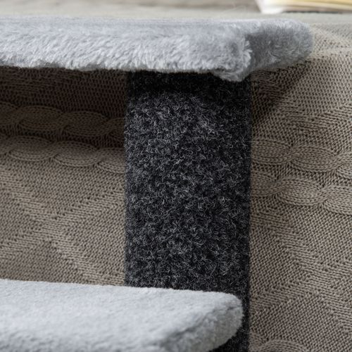 Escalier Pour Chat, Jute Et Peluche, 4 Marches Avec Balle De Jeu Et Plateforme, Gris