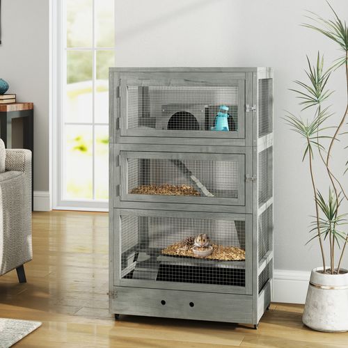 Cage Pour Hamster Nain En Bois, Avec Maison, Bascule, Plateforme, 4 Niveaux, Gris