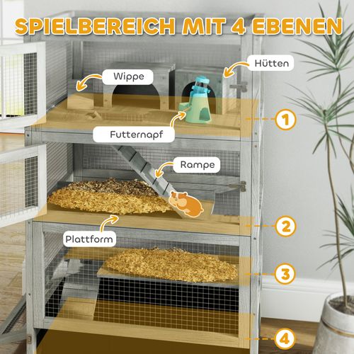 Cage Pour Hamster Nain En Bois, Avec Maison, Bascule, Plateforme, 4 Niveaux, Gris