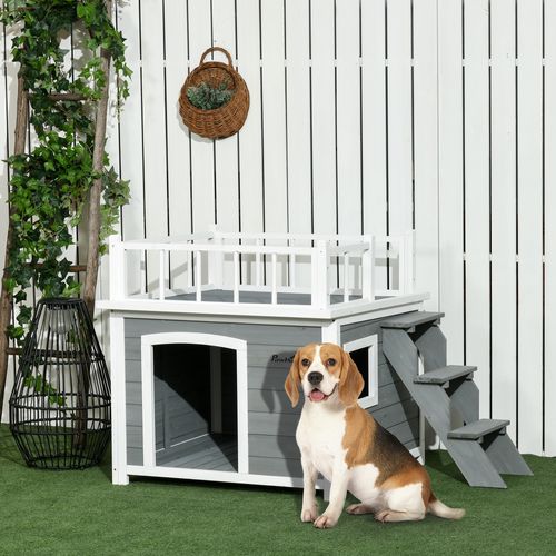 Maison Pour Chien En Bois De Pin Avec Balcon Et Escalier, Adaptée Pour Chiens Moyens Et Grands