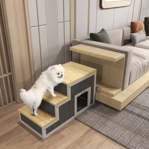 Escalier 2 En 1 Pour Chiens Et Chats En Bois 3 Marches Avec Tunnel Jusqu'à 30 Kg