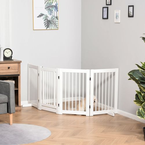 Barrière Pour Chien En Bois Pliable, Freestanding Avec Porte, 4 Éléments, Blanc