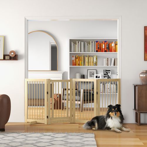Barrière Pour Chien En Bois 4 Pièces,220 X 91 Cm, Pliable Avec Porte,autoportrait,2 Pieds De Support