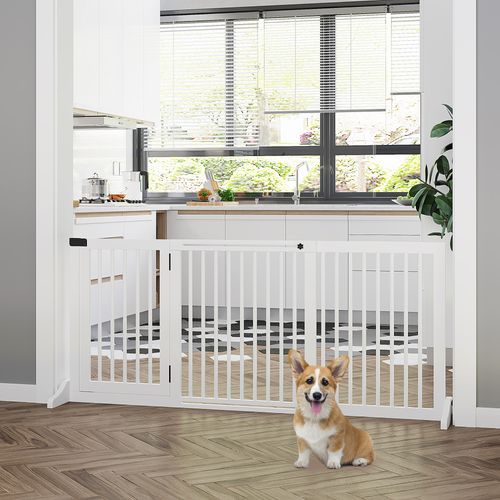 Barrière De Sécurité Pour Chiens En Bois, Freestanding Avec Porte, 113-166x36x71cm, Blanc