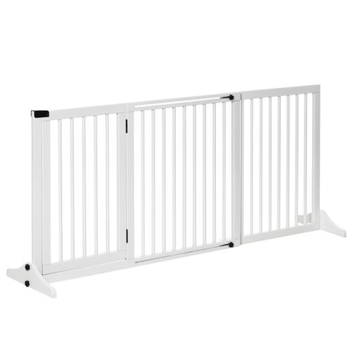 Barrière De Sécurité Pour Chiens En Bois, Freestanding Avec Porte, 113-166x36x71cm, Blanc