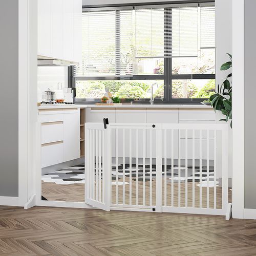 Barrière De Sécurité Pour Chiens En Bois, Freestanding Avec Porte, 113-166x36x71cm, Blanc