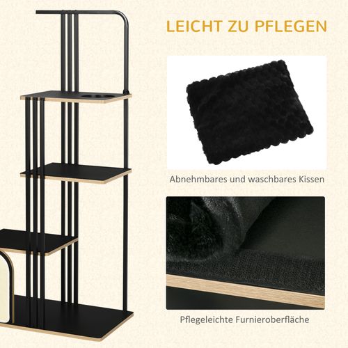 Arbre à Chat En Acier Noir Avec Coussin, Planche à Gratter, 3 Plateformes, 170cm