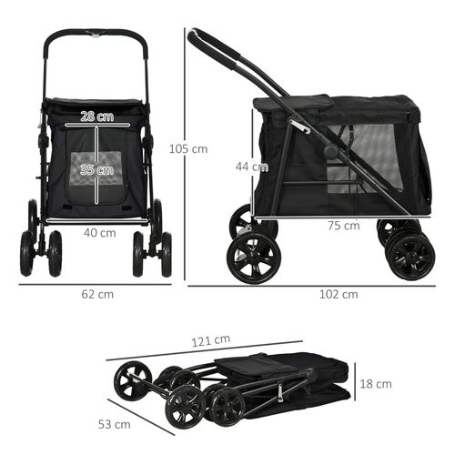 Chariot Pour Chien 3-en-1 Oxford Avec Réflecteurs, Pour Petits Chiens Jusqu'à 10 Kg, Gris
