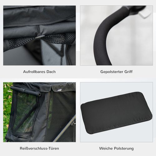 Chariot Pour Chien 3-en-1 Oxford Avec Réflecteurs, Pour Petits Chiens Jusqu'à 10 Kg, Gris