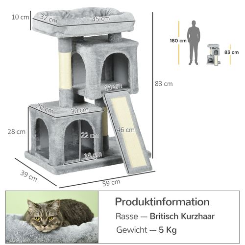 Arbre à Chat En Sisal, Avec Poteaux à Gratter, Pour Chats Jusqu'à 30 Kg, Gris Clair, 59x39x83cm