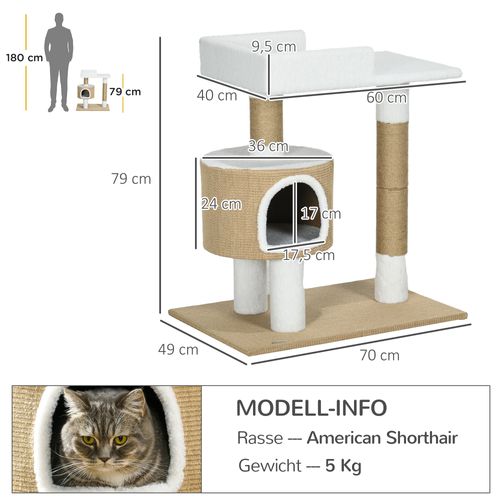 Arbre à Chat 79 Cm En Jute Avec Niche Et Plate-forme Pour Chats Jusqu'à 8 Kg, Brun/blanc
