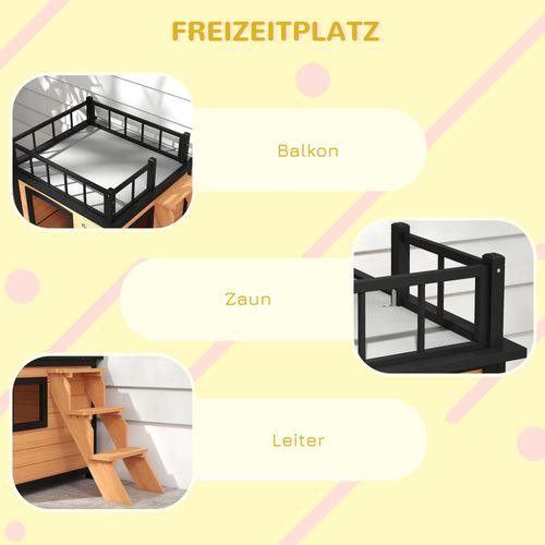 Maison Pour Chien En Tannenholz Avec Balcon, Escaliers, Fenêtres, 121x77x78cm, Jaune