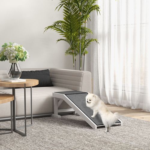 Rampe Pour Animaux En Bois De Pin Avec Tapis Antidérapant, Blanche Et Grise
