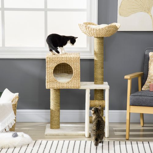 Arbre à Chat En Bois Naturel 100,5 Cm Avec Cachette, Coussin Et Colonnes En Sisal