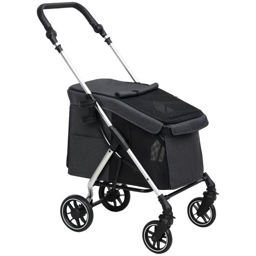 Poussette Pour Animaux En Aluminium Pliable Avec Coussin, Fenêtres En Maille, Gris