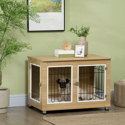 Cage à Chien En Chêne Avec Table, Double Portes, Coussin, Intérieur Et Extérieur